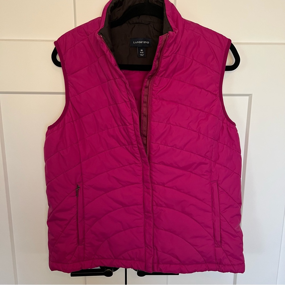 Lands’ End Fuchsia Puffer Zip Up Vest Women Size Medium